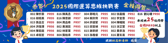 恭喜！本校同學參加2025國際運算思維挑戰賽，榮獲佳績，共25位同學全國PR90以上！感謝林志軒老師指導。圖片
