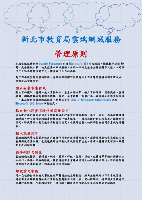 轉知新北市教育局雲端網域服務管理原則，請全校教職員及同學注意圖片