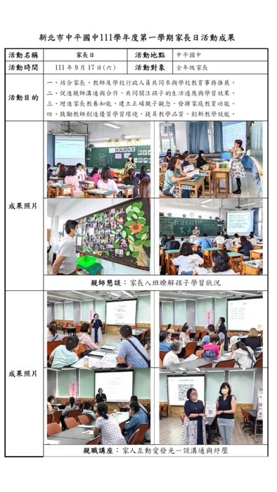111學年度第一學期家長日活動成果圖片