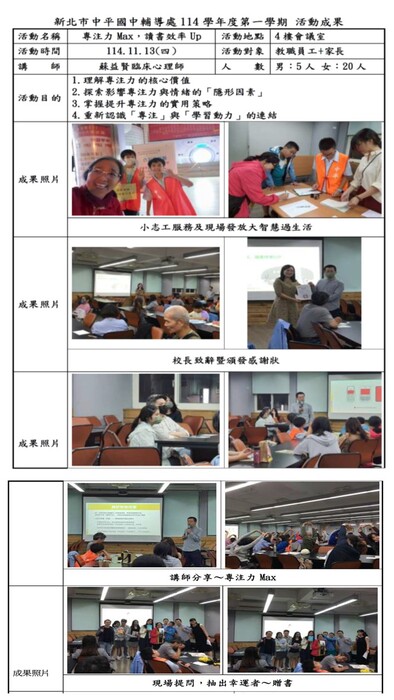 1141113-親職講座活動成果報告表~專注力Max，讀書效率Up—包括情緒教育及家庭教育圖片